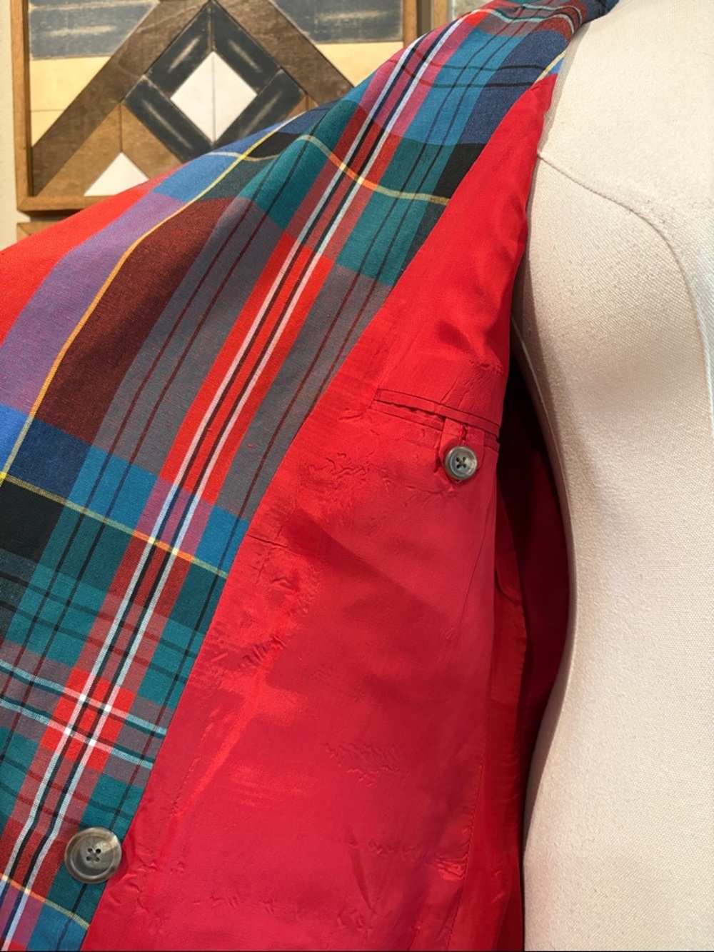 Vintage Ralph Lauren 80s Red Multi Plaid Double-Breasted Blazer Gold Buttons - Picture 10 of 16